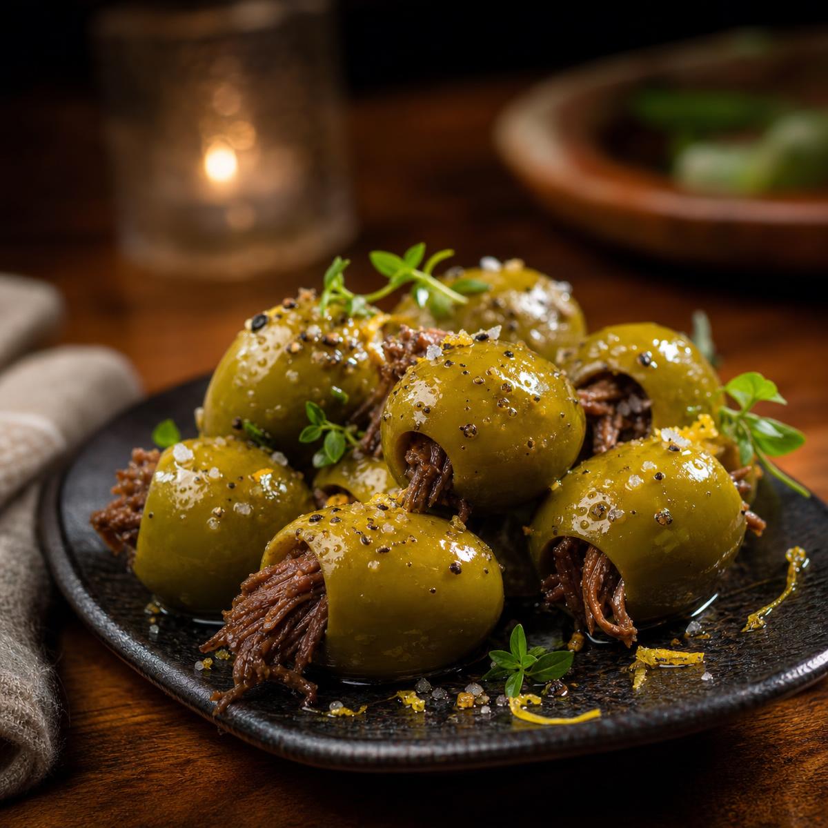 Aceitunas jumbo rellenas de cecina de Yecapixtla