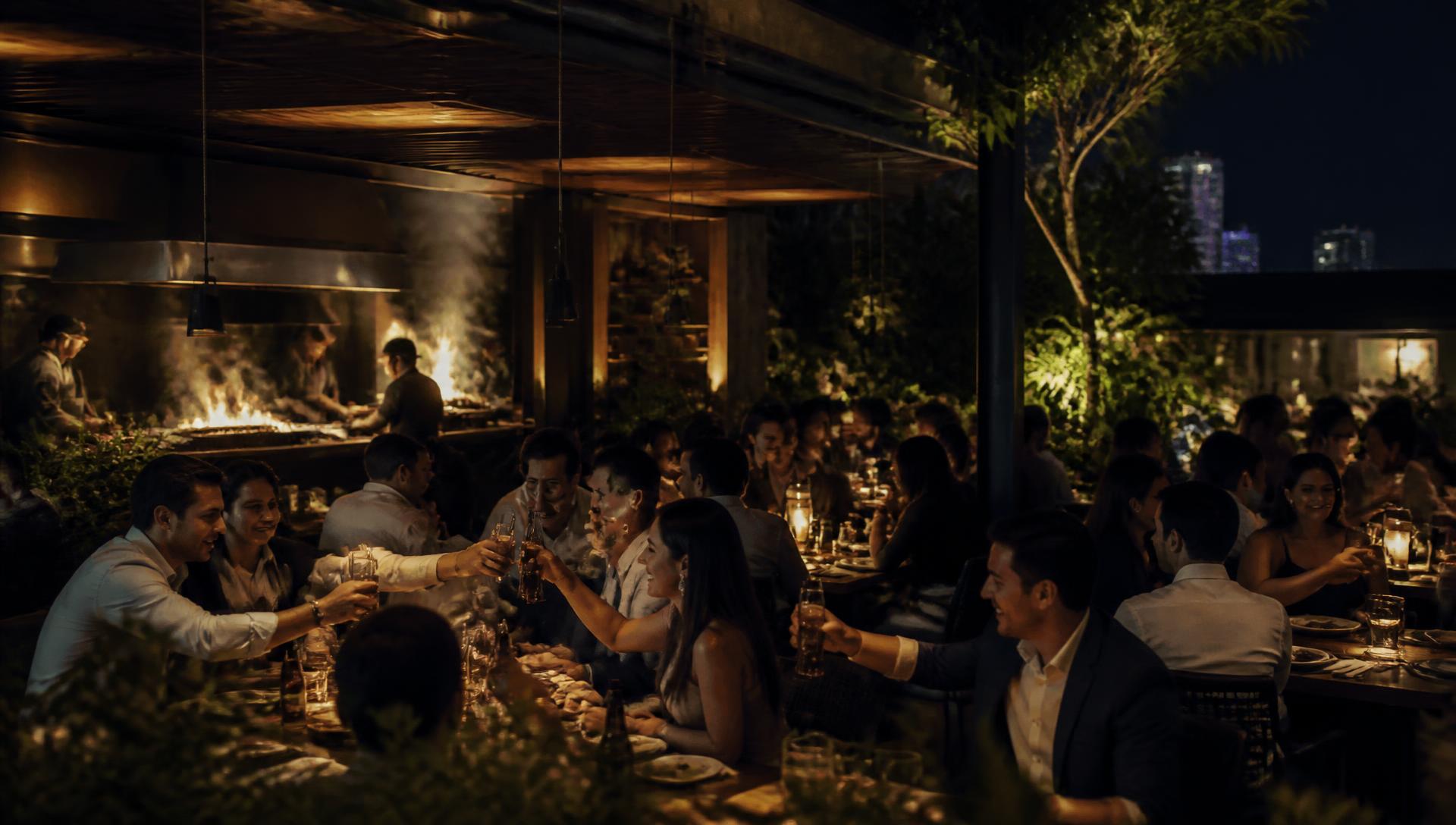 Terraza llena de gente brindando con cerveza frente a la parrilla de carbón abierta en Los Popis, Polanco