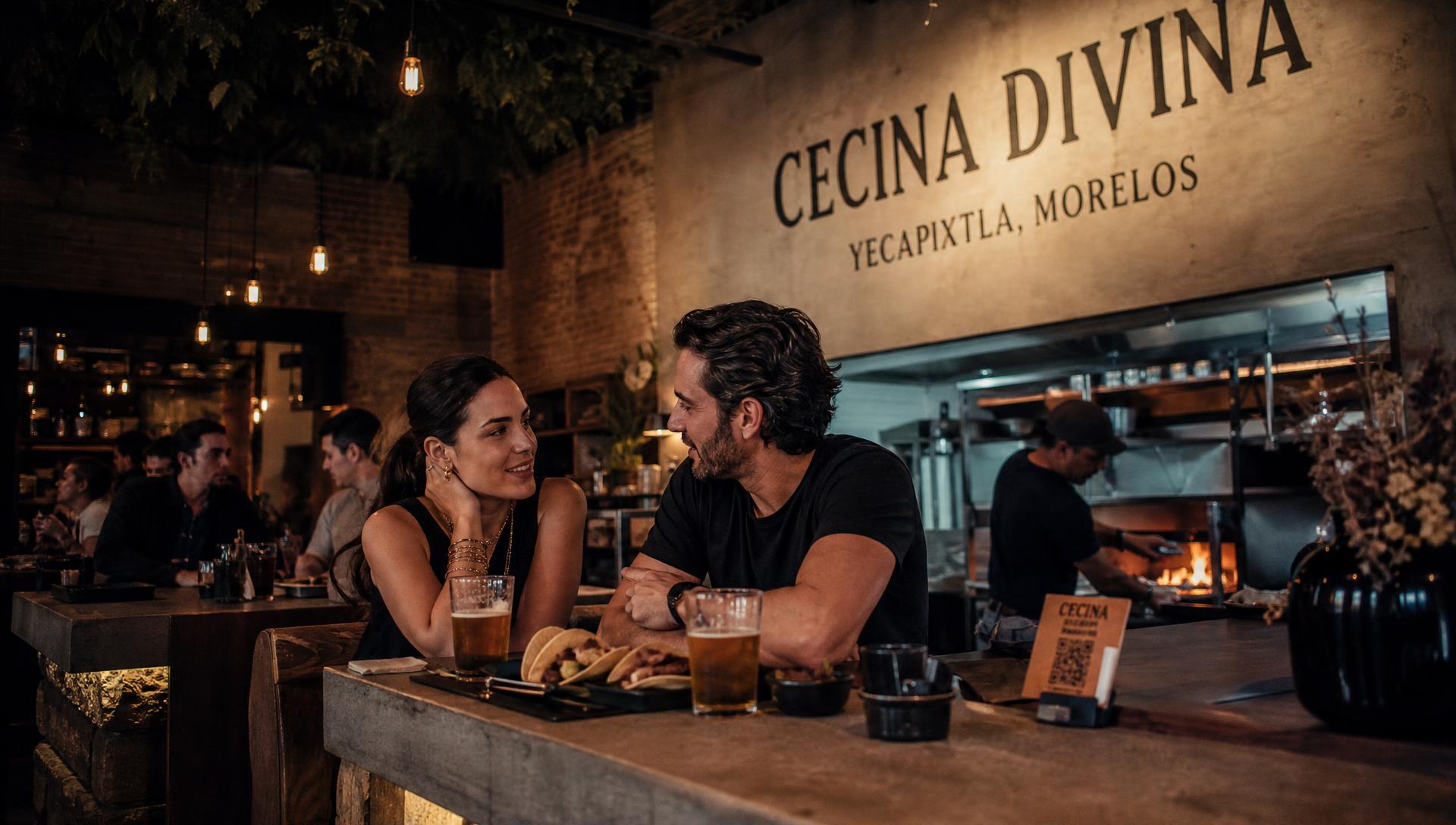 Pareja en la barra con la cocina abierta y el mural Cecina Divina de fondo