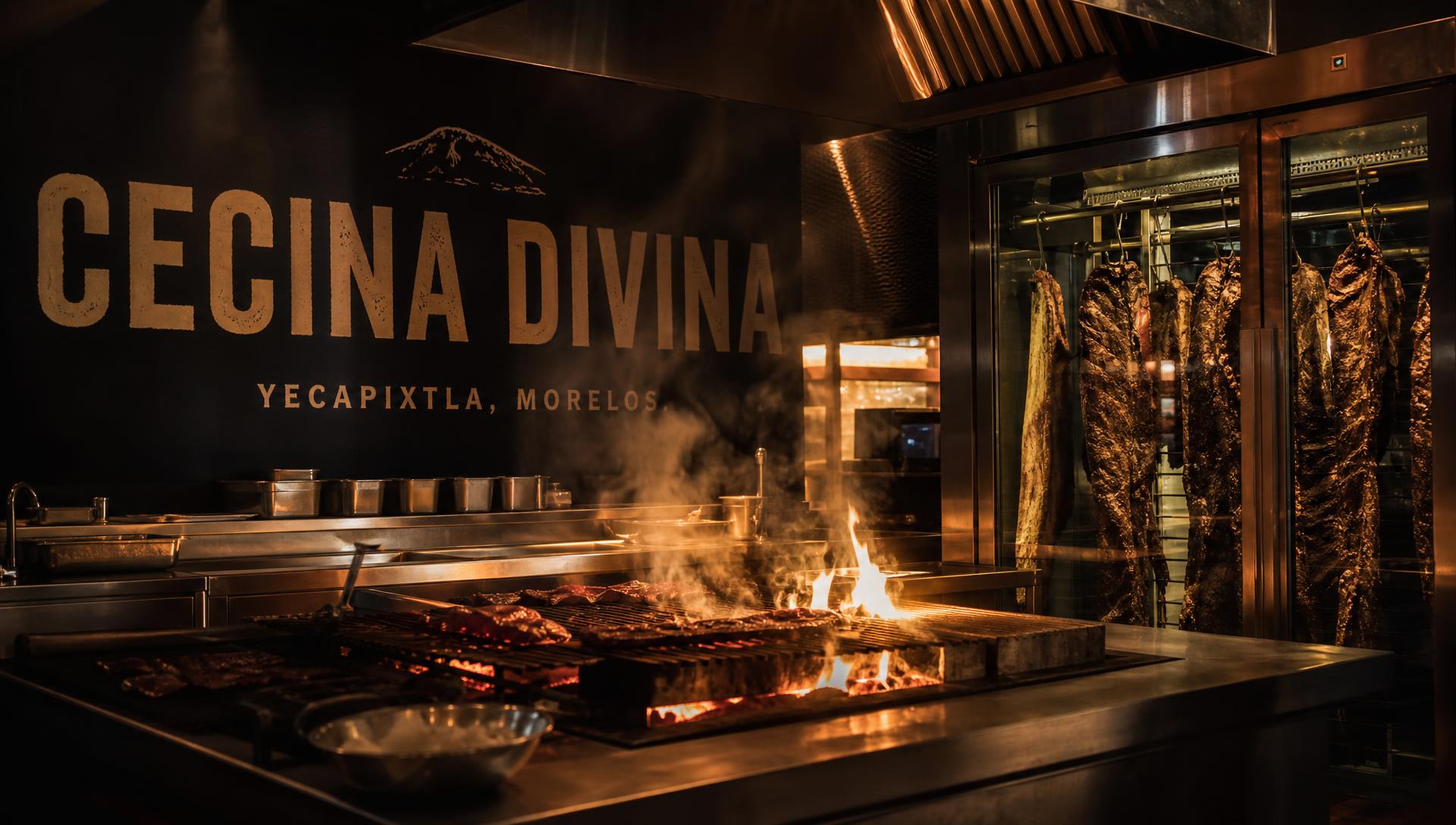 Cocina abierta de Los Popis con parrilla de carbón, acero inoxidable y la cava de cecina iluminada