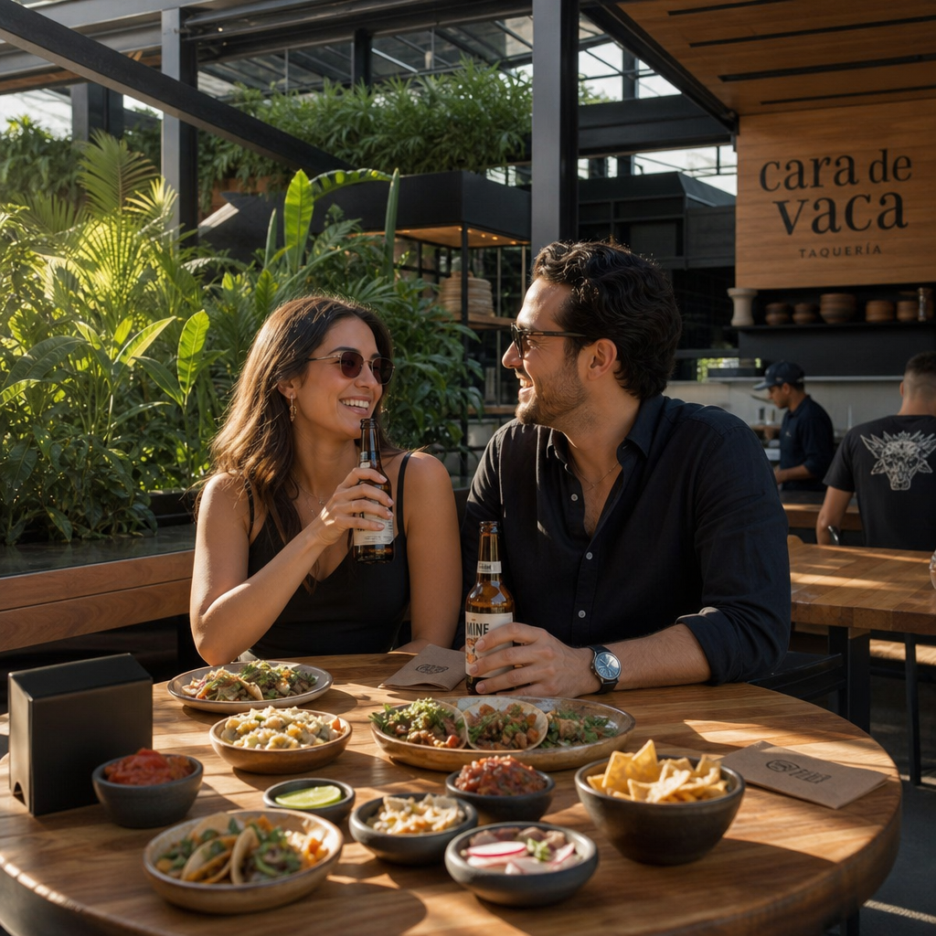 Pareja disfrutando tacos y cerveza en la terraza de día